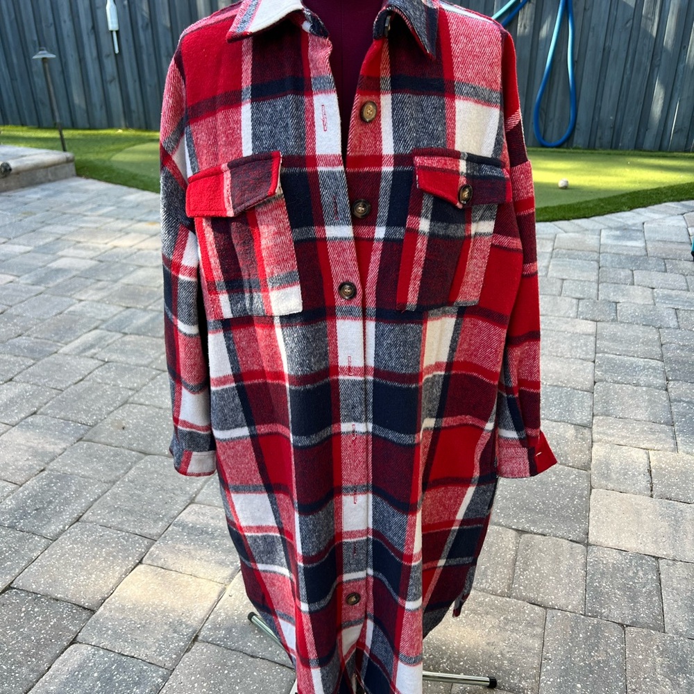 Plaid Red and Black Women's Jacket Dress Duster OS